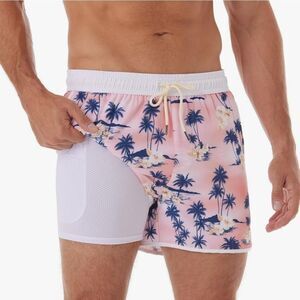 NWT Men's Lined Swim Trunks Pockets Pink Palm Trees 🌴